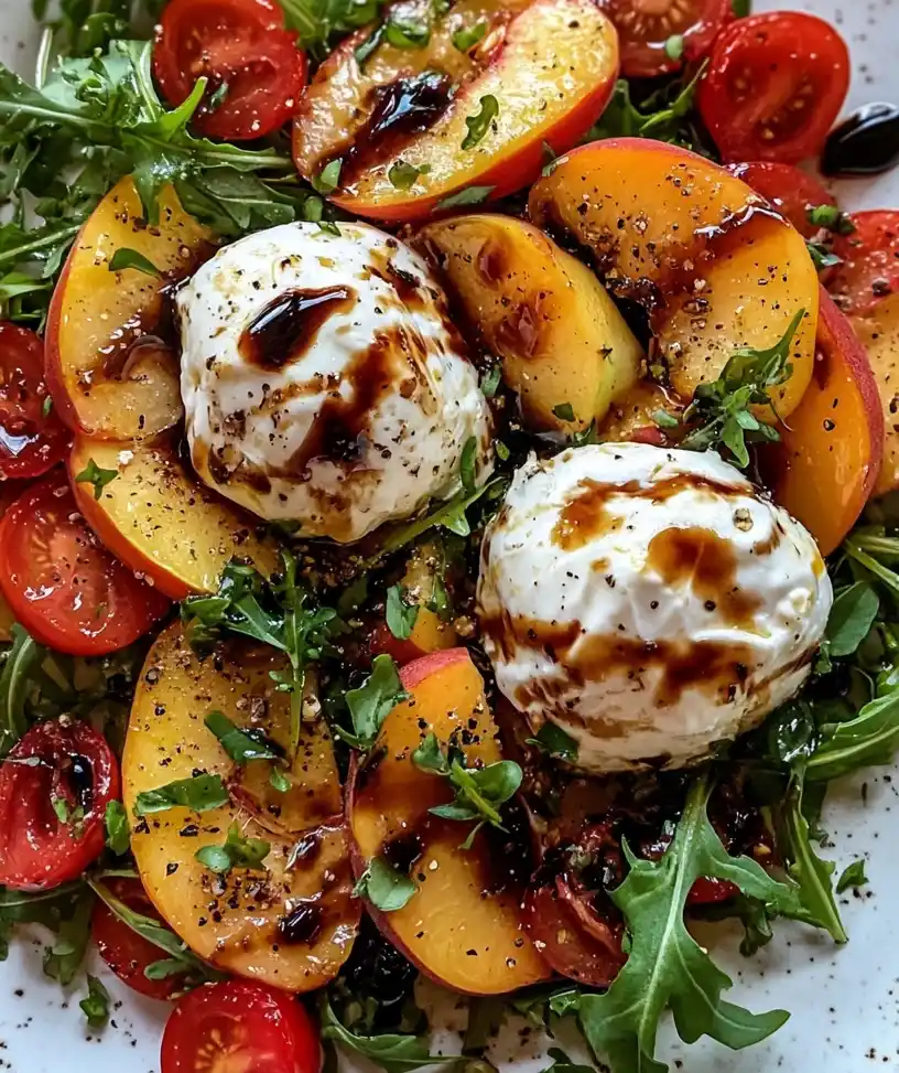 peach burrata salad close up