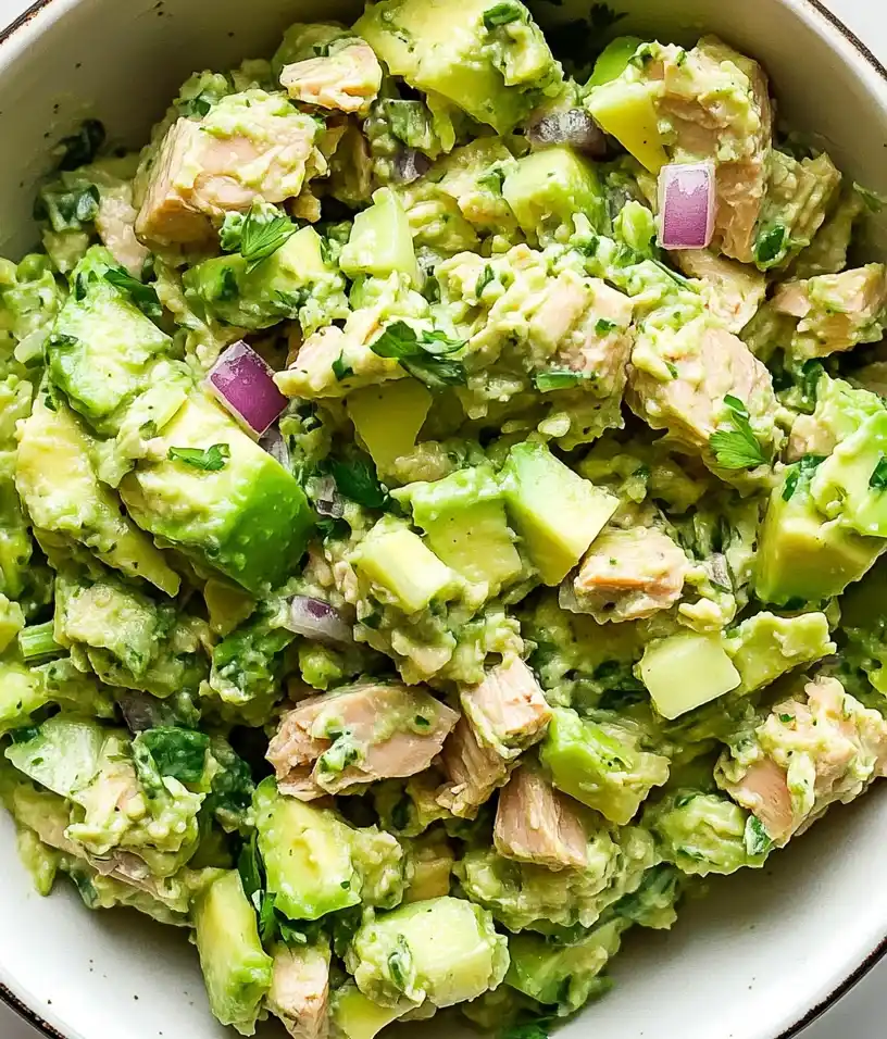Healthy avocado tuna salad close up