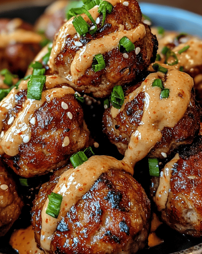 Korean BBQ Meatballs with Spicy Mayo Dip close up