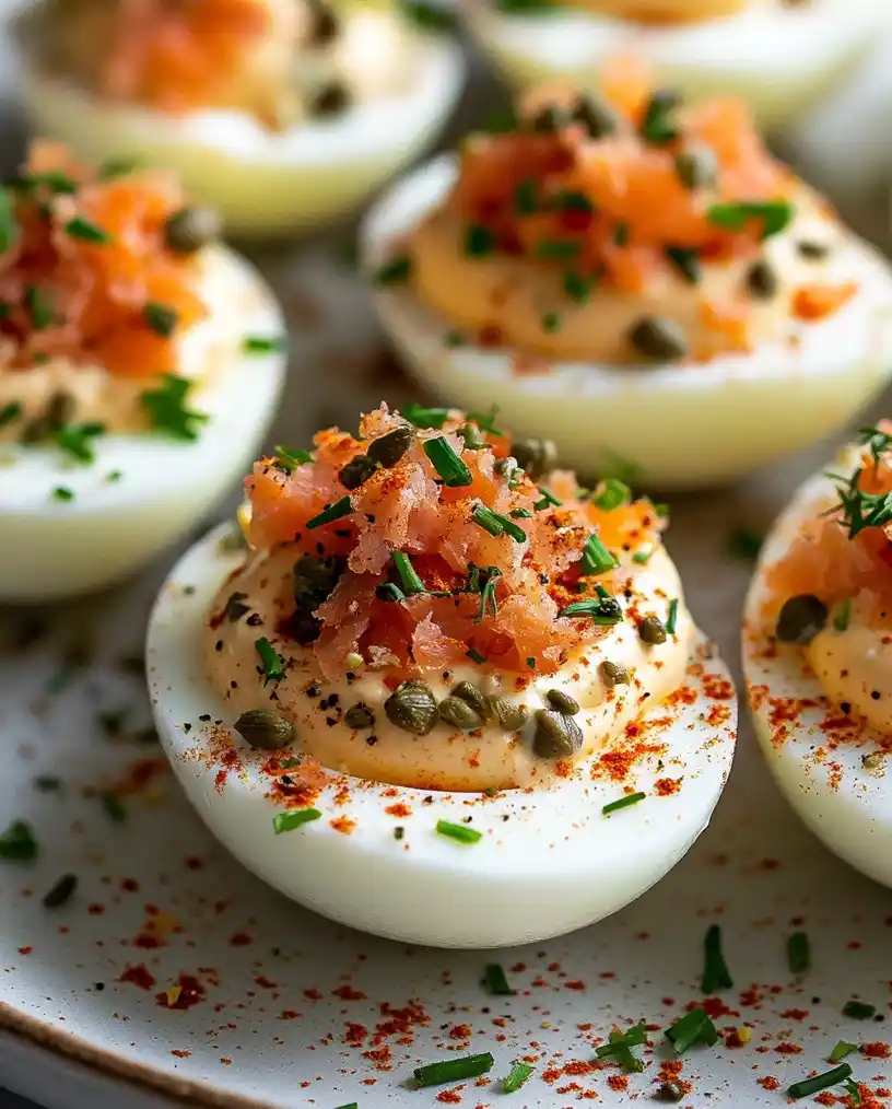 smoked salmon deviled eggs close up