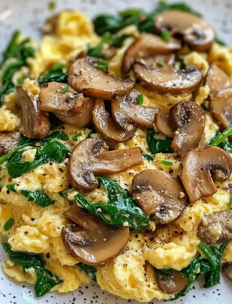 mushroom spinach scrambled eggs close up