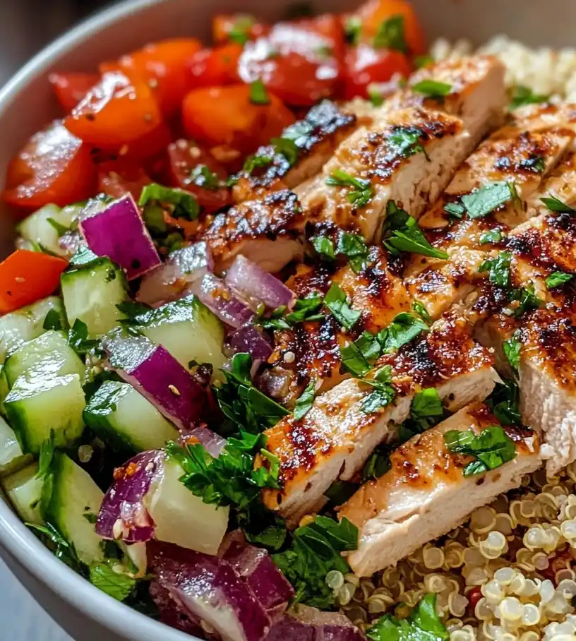 greek chicken quinoa bowl close up