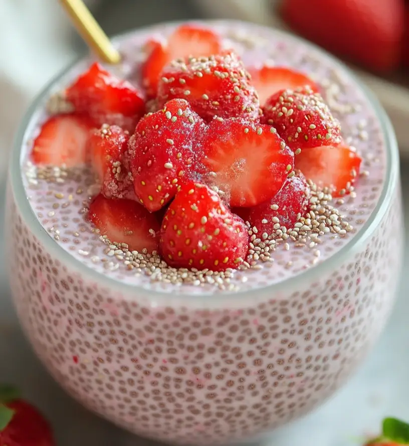 strawberry chia seed pudding close up