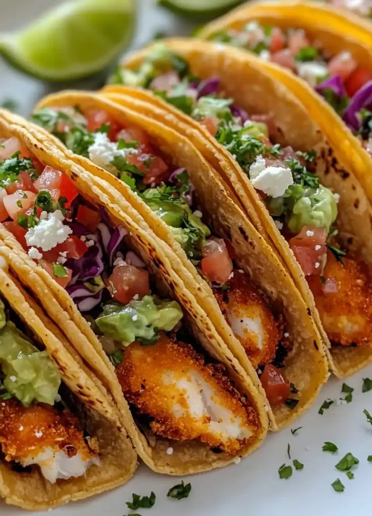 baja fish tacos with avocado crema close up