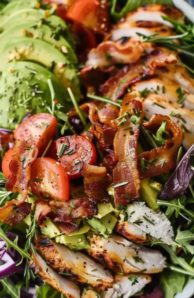close up rosemary chicken bacon avocado salad