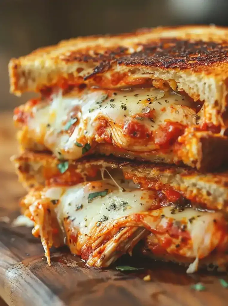 close up chicken parmesan grilled cheese sandwich