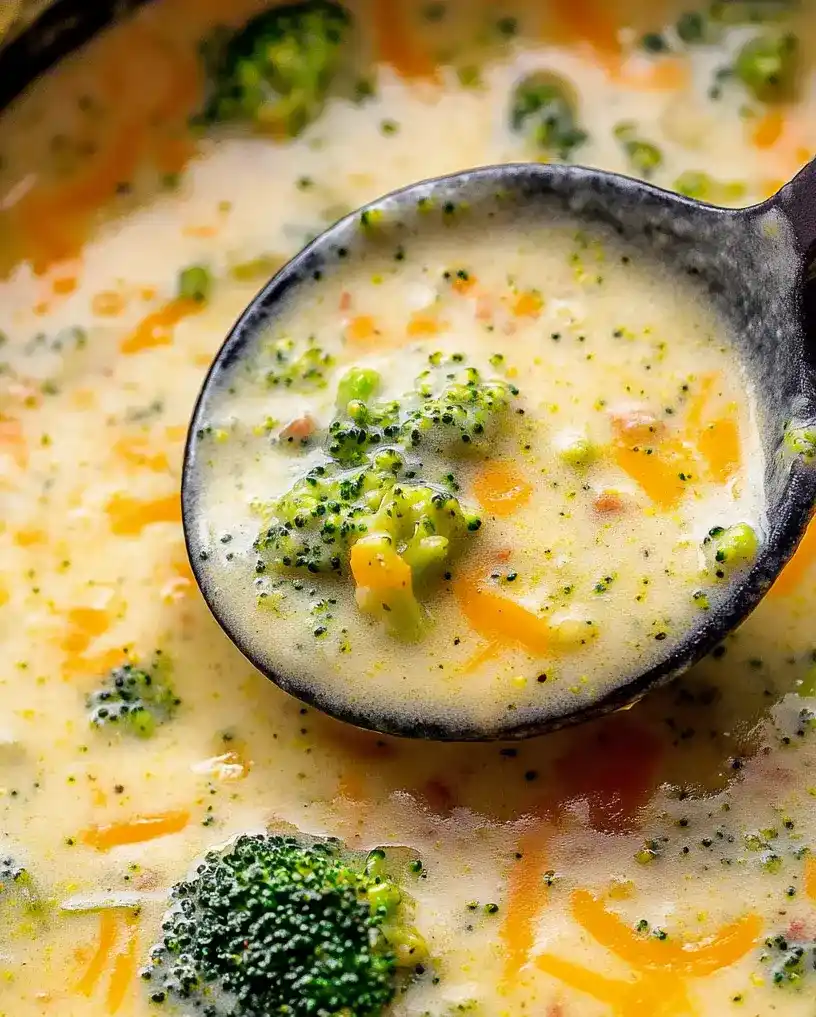 close up a spoon ladle lifting some of a broccoli cheddar soup