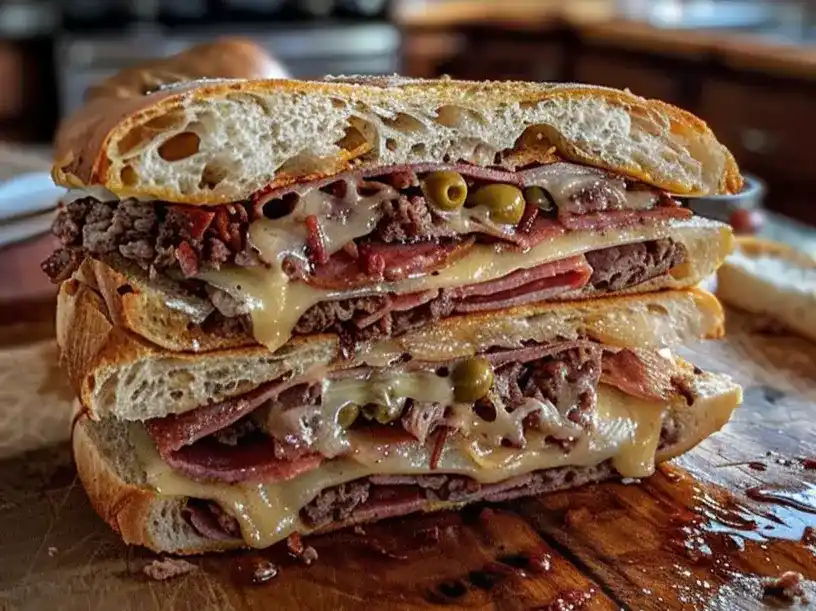close up muffaletta sandwich