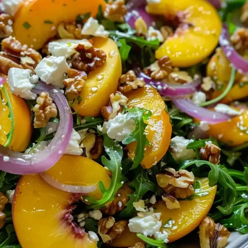 Peach Arugula Salad with walnuts, red onions and feta cheese