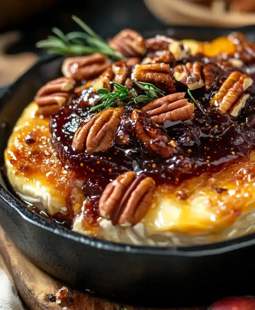 close up Baked Brie with Fig Jam and pecans on top
