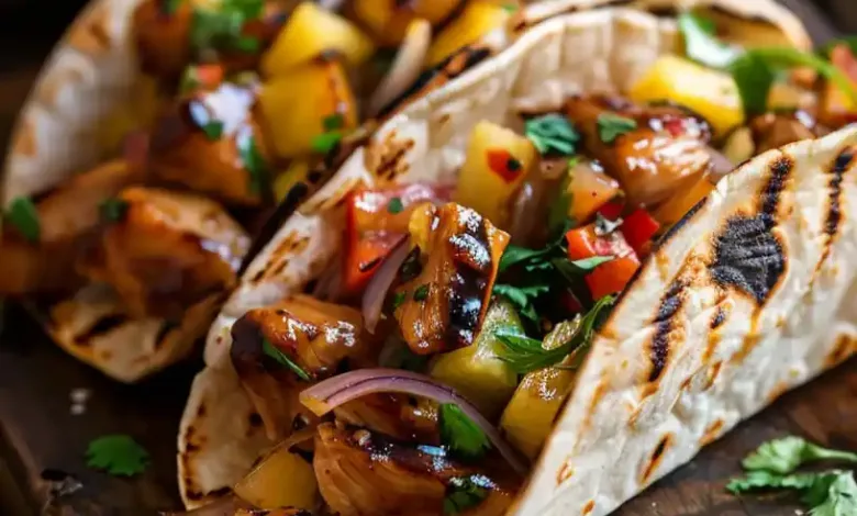 Teriyaki Rooster Tacos with Grilled Pineapple Pear Salsa