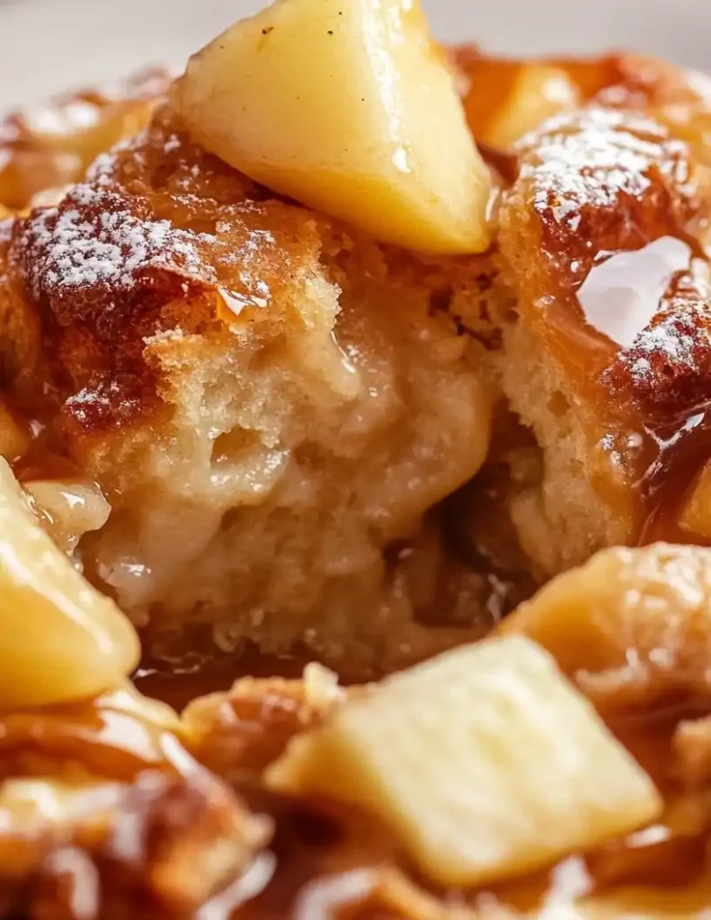 close up Caramel Apple Bread Pudding