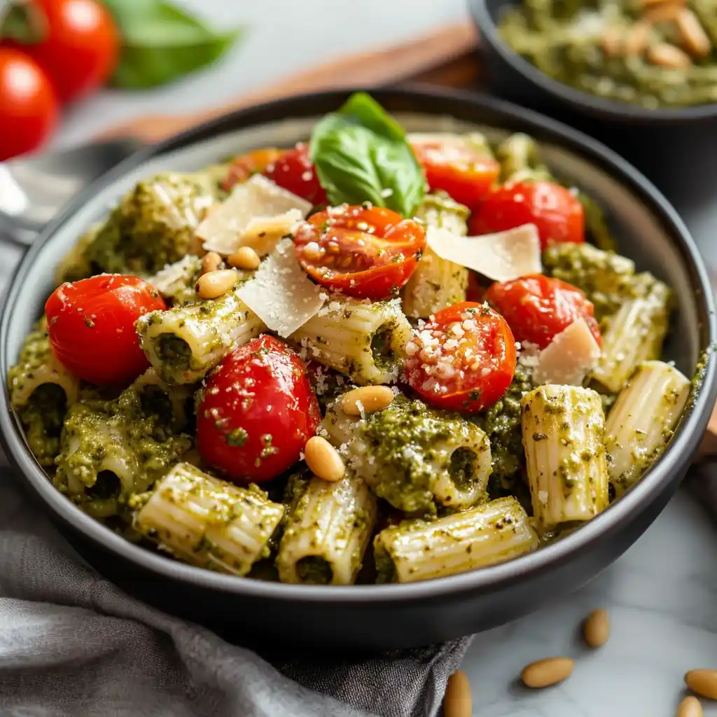 pesto pasta with roasted tomatoes