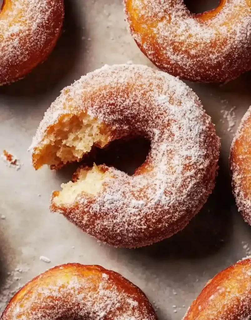 close up apple cider donut, with a bite taken out it