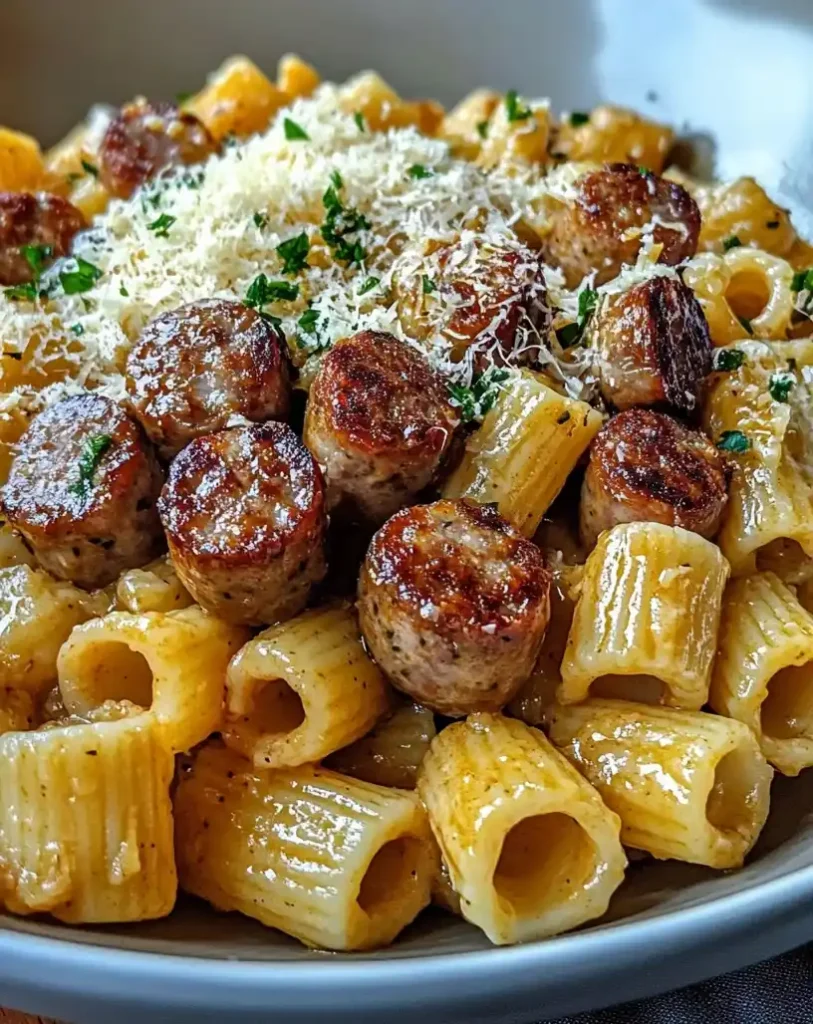 garlic butter sausage pasta close up