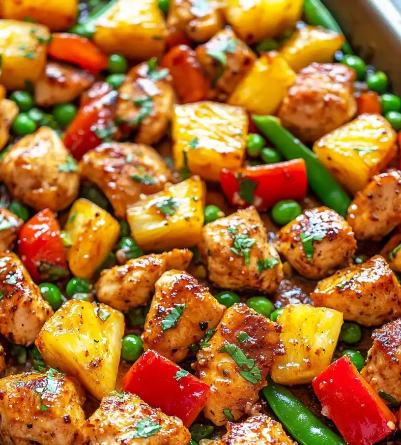 sheet pan teriyaki chicken and pineapple close up
