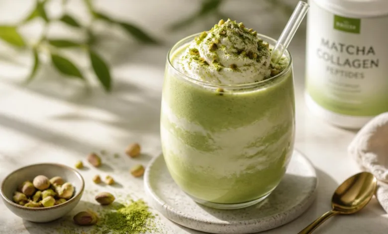 Creamy Pistachio Matcha Collagen Smoothie for High Protein Breakfast